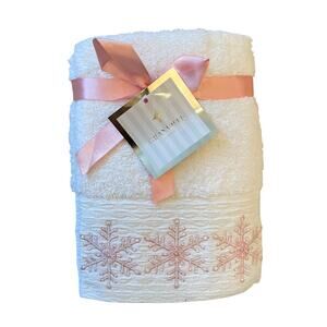 Granville Lane 2pk Christmas Hand Towels Embroidered Pink Snowflakes Cotton NEW